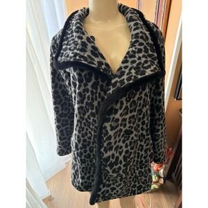 Ellen Reyes Grey Leopard‎ Print Fleece Pea Coat Faux Fur Trim Jacket Women